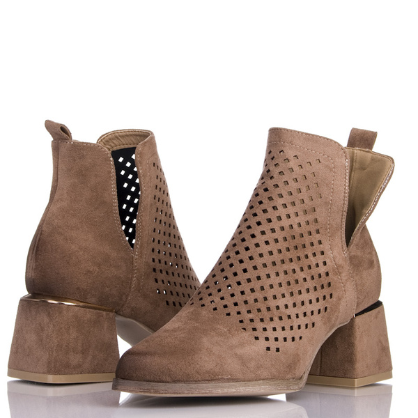 Brązowe ażurowe botki na obcasie Potocki 12356BR kowbojki na wiosnę