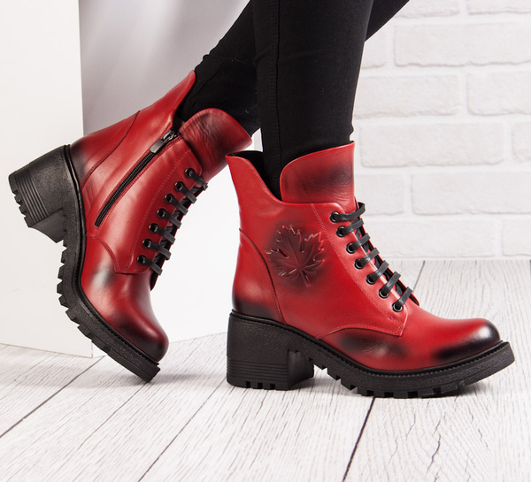 Czerwone Botki skórzne damskie Artiker 53C1123 red zimowe