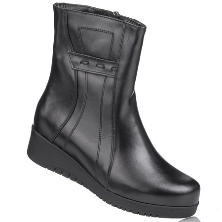 Skórzane Botki damskie na koturnie Wielbut K-212 czarne ocieplone