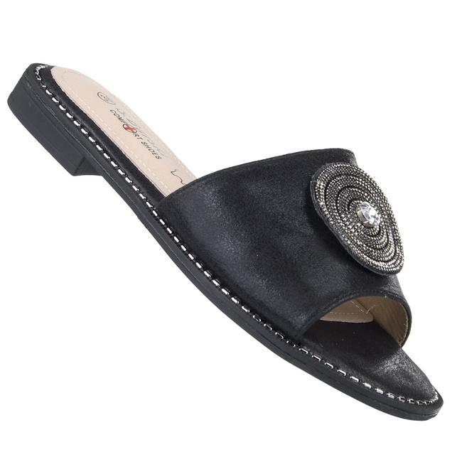 Czarne klapki damskie z ozdobą S. Barski KV51-013 BLACK lekkie