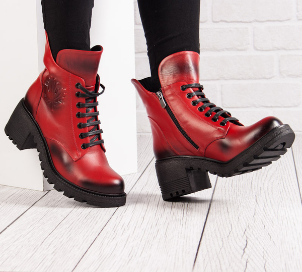 Czerwone Botki skórzne damskie Artiker 53C1123 red zimowe