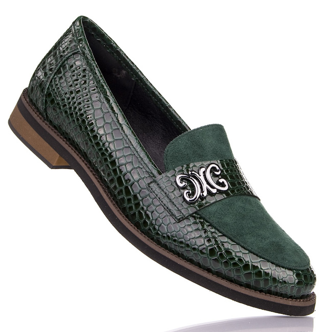 Eleganckie półbuty loafersy damskie Potocki 12570 zielone lakierowane