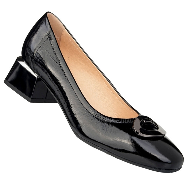 Lakierowane Czółenka na klocku damskie Bioeco Arka 6965 czarne z ozdobą