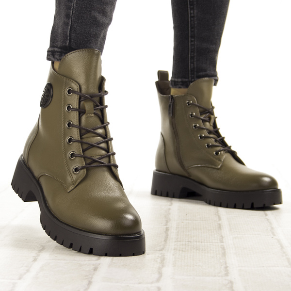 Botki khaki damskie Potocki 12672KH zielone na grubej podeszwie ocieplone