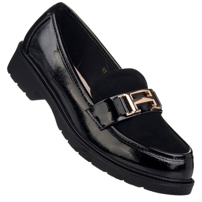 Czarne półbuty z ozdobą S Barski 545 damskie buty lakierowane