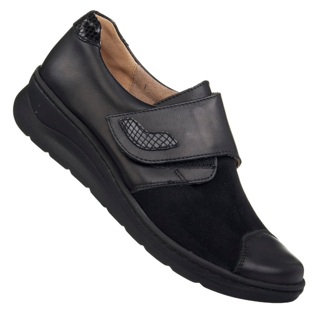 Buty Barefoot damskie na rzepy Helios 462 czarne skórzane Polskie