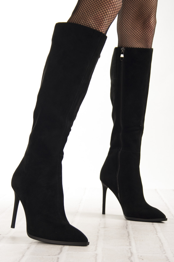 Zamszowe Kozaki na szpilce damskie S.Barski CR52-668 czarne ocieplone