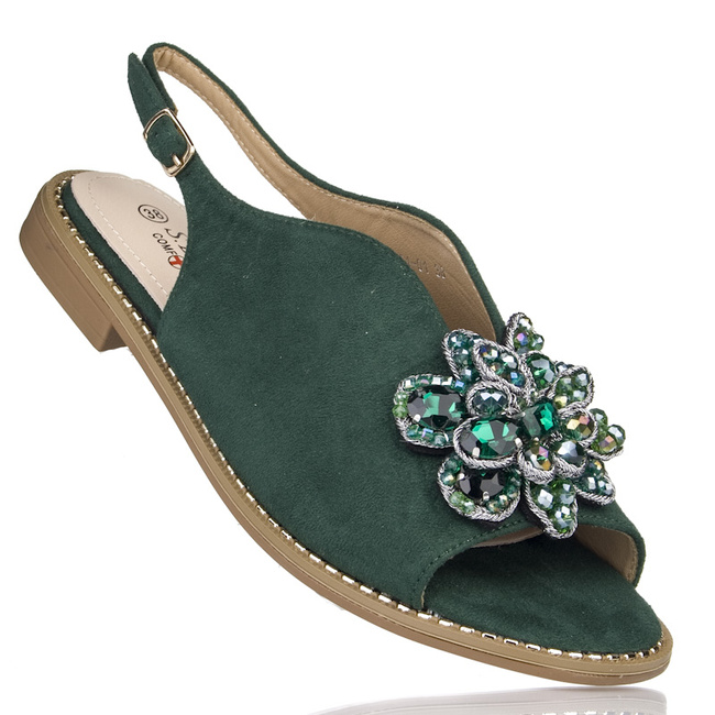 Zielone sandały damskie z ozdobą biżuterią S.Barski 001 green płaskie