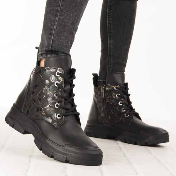 Botki czarne damskie skórzane Artiker 57C2179 ocieplane trzewiki zimowe