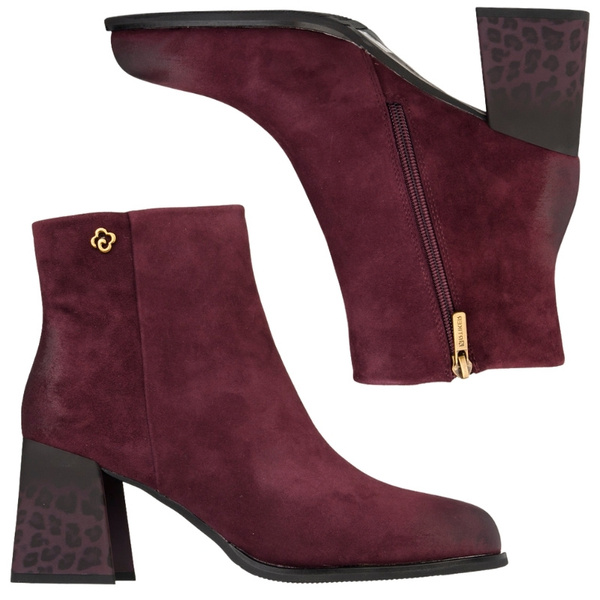 Zamszowe Botki na słupku damskie Artiker 57C0005 bordowe skórzane