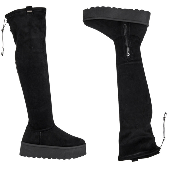 Czarne Kozaki damskie Big Star SS274264 za kolano elastyczne na platformie