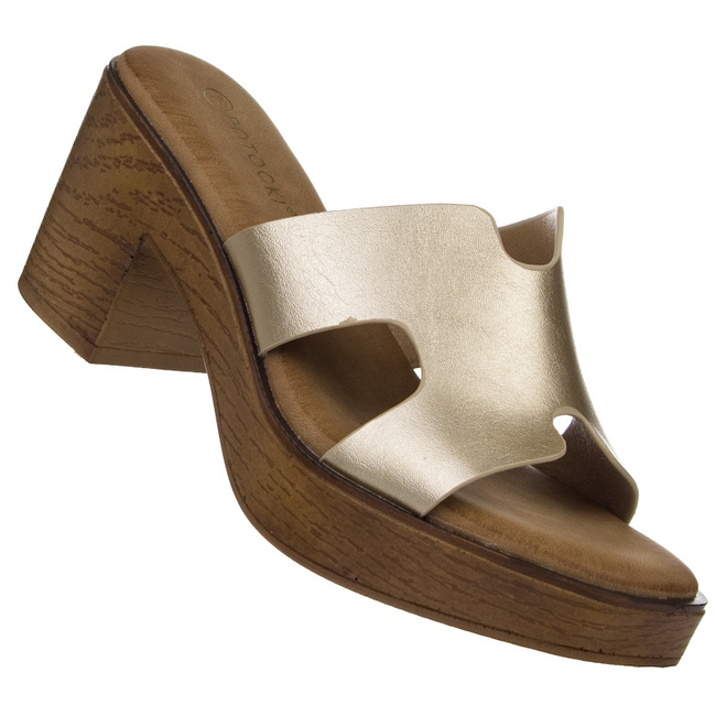 Złote Klapki damskie na obcasie Potocki 21355GD Hermeski