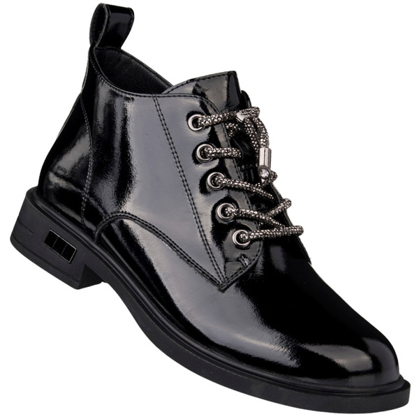 Lakierowane Botki wiązane D&A S.Barski MR52-144 czarne skórzane