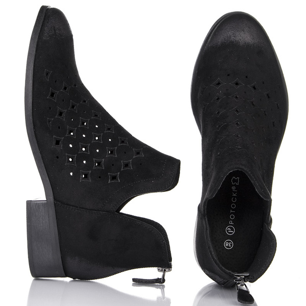 Czarne ażurowe botki zamszowe Potocki 12664BK z dziurkami