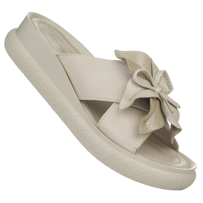 Beżowe klapki na platformie skórzane T. Sokolski 483 beige z kokardką