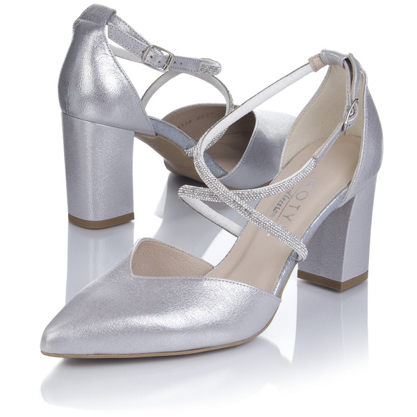 Srebrne czółenka damskie Kotyl 3739 srebrny ef skórzane buty ślubne