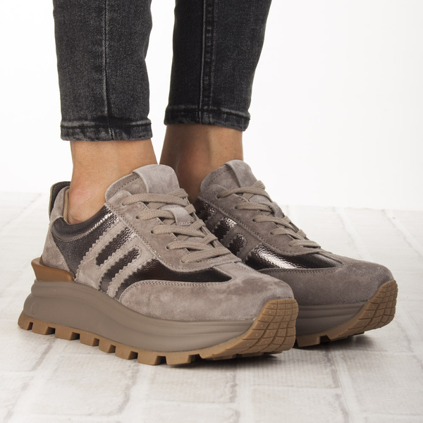 Beżowe sneakersy na platformie damskie Filippo DP7408 TP skórzane