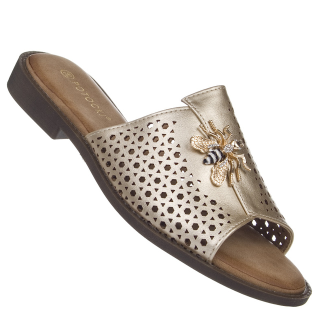 Złote Klapki damskie Potocki 21368GD z ozdobą ażurowe