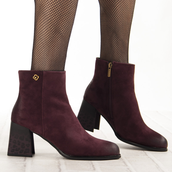 Zamszowe Botki na słupku damskie Artiker 57C0005 bordowe skórzane