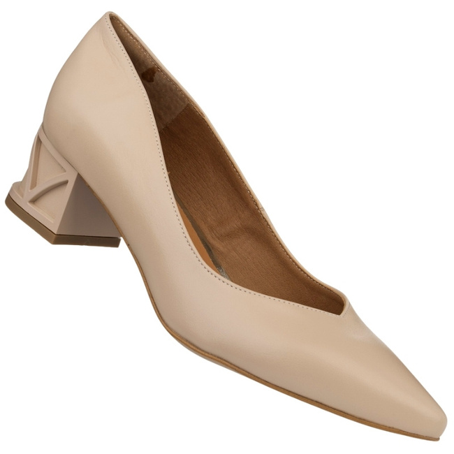 Czółenka Prestige 2230 beżowe skórzane z ozdobnym obcasem ślubne