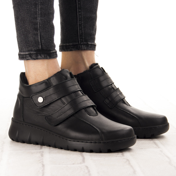 Skórzane Botki damskie na rzepy Helios 783/011 czarne na haluksy POLSKIE