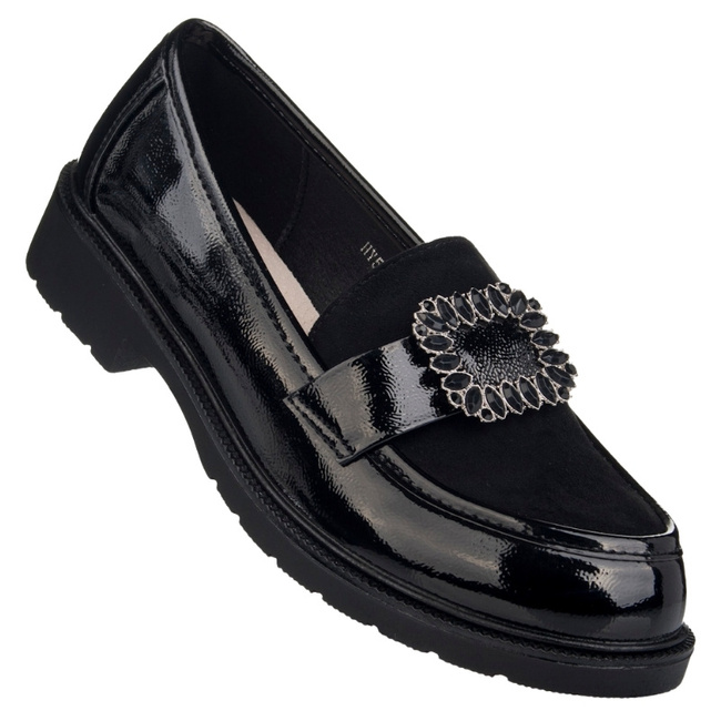 Czarne półbuty z ozdobą S Barski 546 damskie buty lakierowane