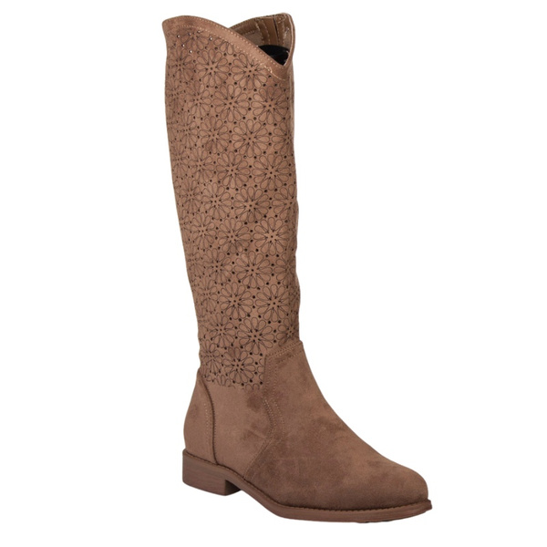 Ażurowe kozaki S. Barski HY52-533 coffee zamszowe brązowe beżowe