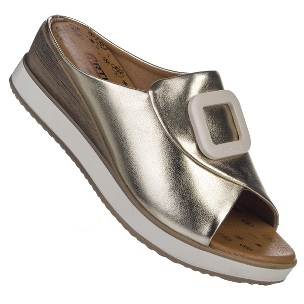 Złote klapki na koturnie damskie Artiker 56C2146 LT.GOLD skórzane