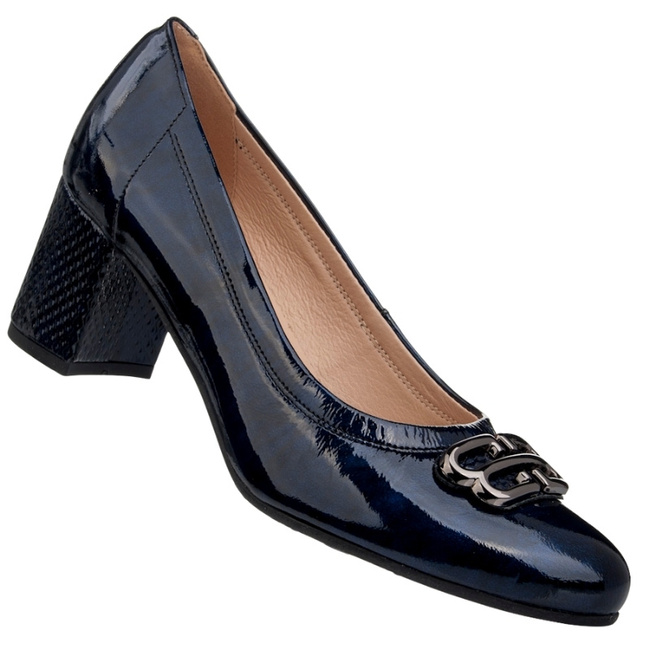 Lakierowane Czółenka na słupku damskie Bioeco Arka 6705 grantowe skórzane