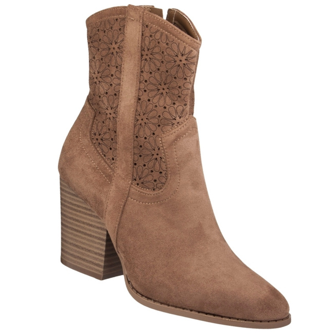 Ażurowe botki na obcasie S. Barski HY52-514 coffee beżowe kowbojki