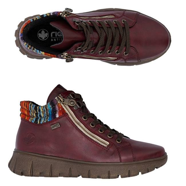 Skórzane trzewiki botki damskie Rieker N1305-35 red bordowe szerokie