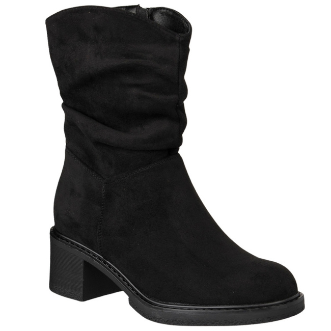 Zamszowe botki na obcasie damskie Potocki 25-51303BK czarne ocieplone