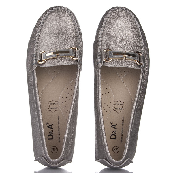Srebrne mokasyny damskie D&A Barski LR51-546 pewter skórzane