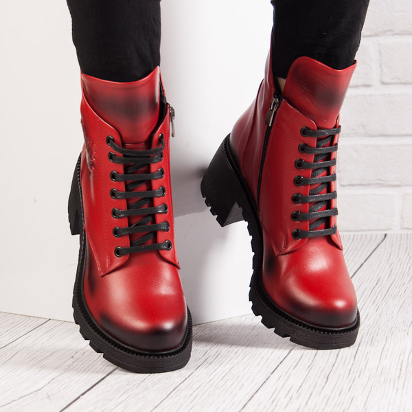 Czerwone Botki skórzne damskie Artiker 53C1123 red zimowe