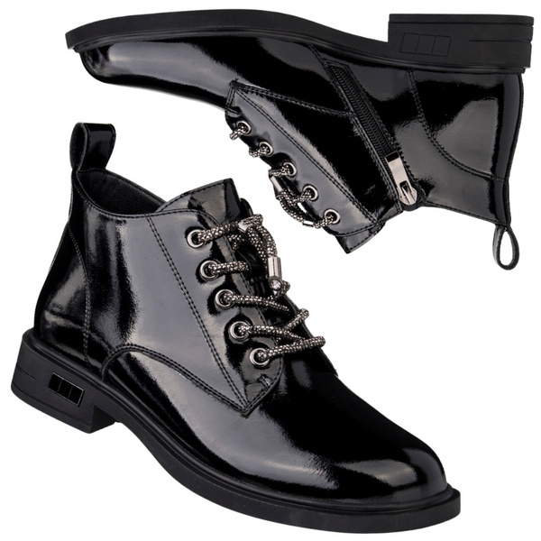 Lakierowane Botki wiązane D&A S.Barski MR52-144 czarne skórzane