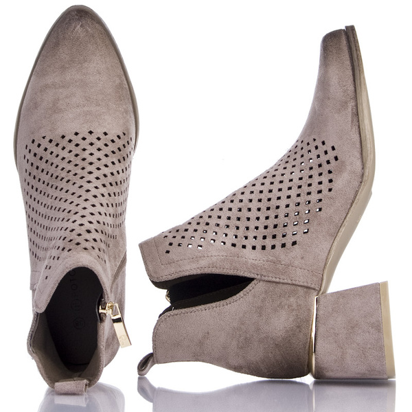 Beżowe ażurowe botki na obcasie Potocki 12356KH kowbojki na wiosnę