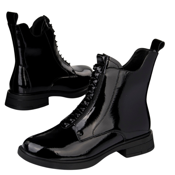 Lakierowane Botki z ozdobami D&A S.Barski MR52-108 czarne skórzane