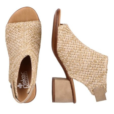 Beżowe sandały na obcasie damskie słomkowe Rieker 64670-60 beige