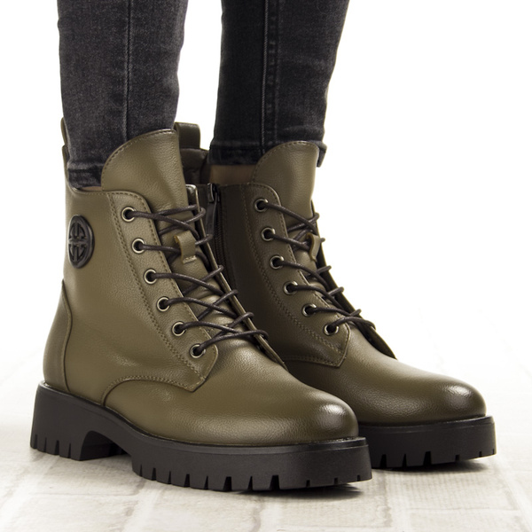 Botki khaki damskie Potocki 12672KH zielone na grubej podeszwie ocieplone
