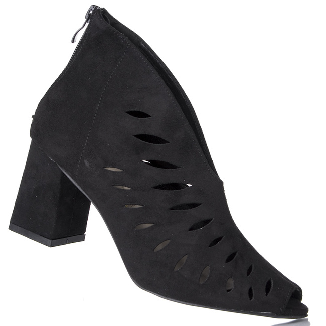 Czarne botki zamszowe ażurowe open toe Potocki 20138 na obcasie