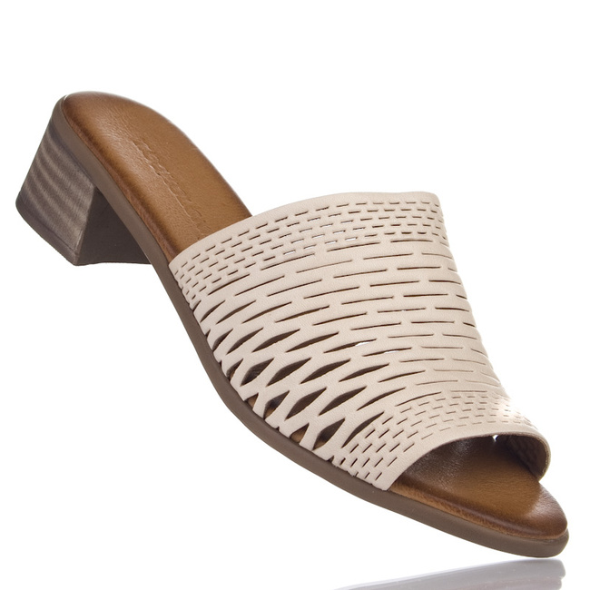 Beżowe klapki na na obcasie skórzane T. Sokolski 708 beige ażurowe