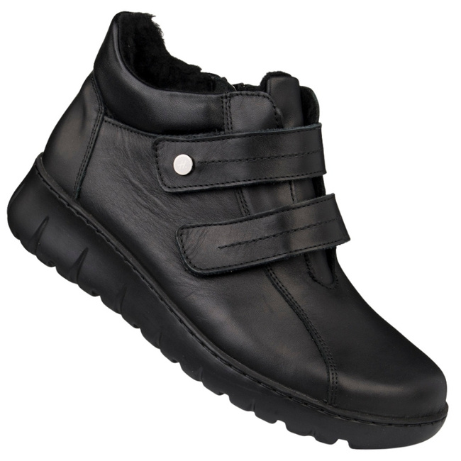 Skórzane Botki damskie na rzepy Helios 783/011 czarne na haluksy POLSKIE