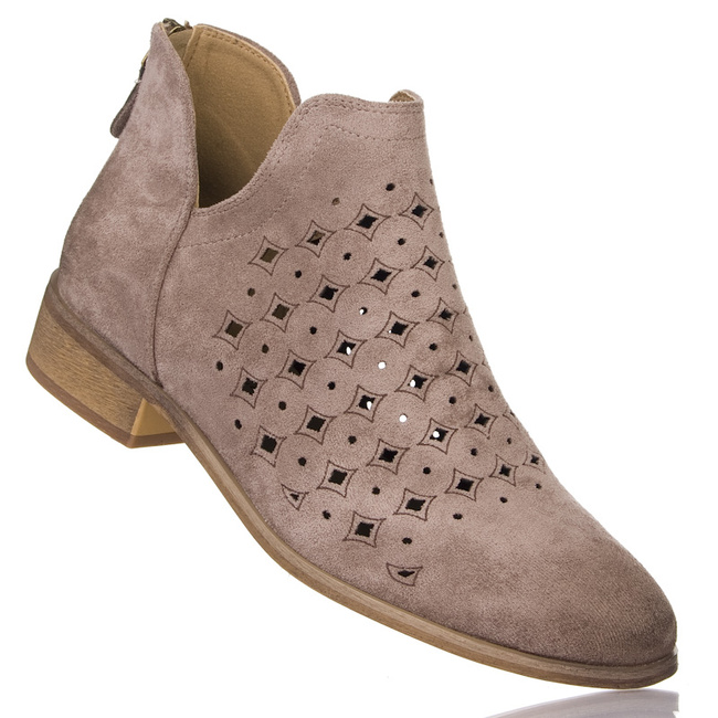 Beżowe ażurowe botki zamszowe Potocki 12664 BG z dziurkami