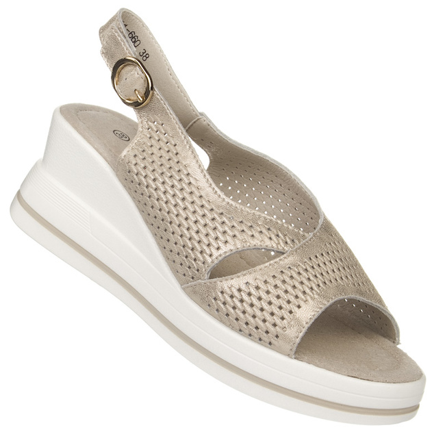 Sandały na koturnie damskie zlote S.Barski LR660 gold skórzane ażurowe