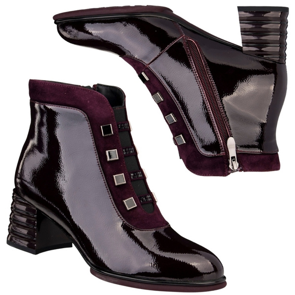 Lakierowane Botki damskie D&A S.Barski CR52-696 WINE bordowe skórzane