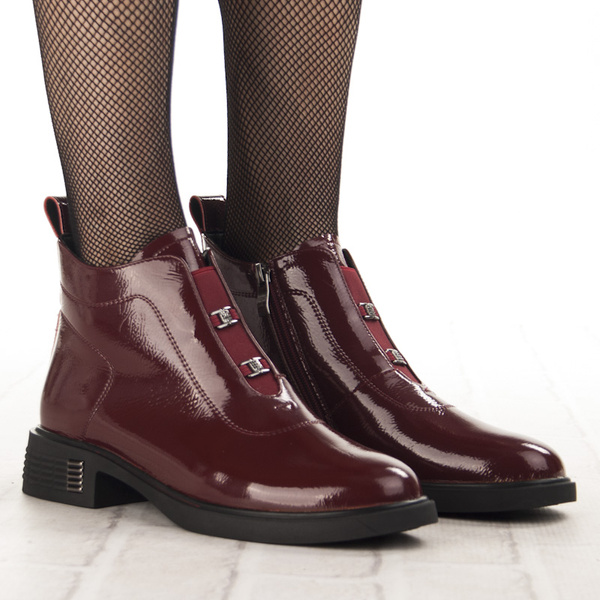 Lakierowane Botki z ozdobami D&A S.Barski MR52-118 wine bordowe skórzane