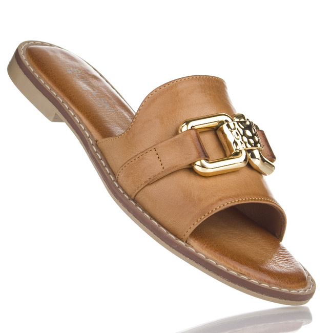 Płaskie klapki damskie z ozdobą T.Sokolski L25-171 TABA brązowe skórzane