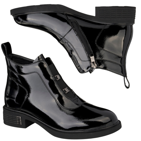 Lakierowane Botki z ozdobami D&A S.Barski MR52-118 czarne skórzane