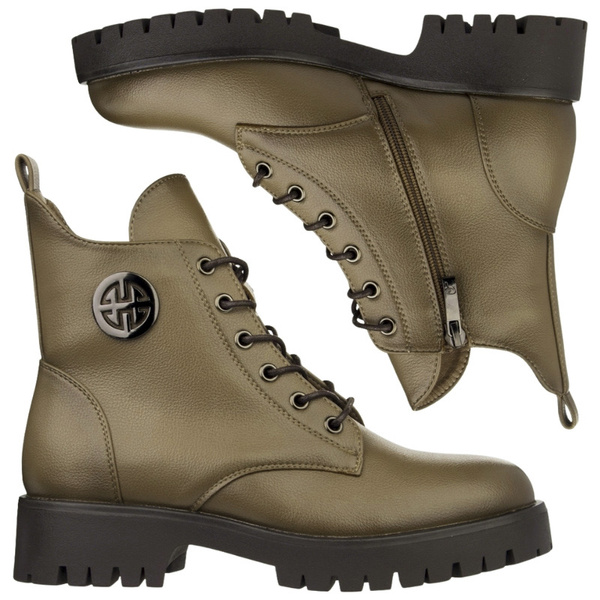 Botki khaki damskie Potocki 12672KH zielone na grubej podeszwie ocieplone