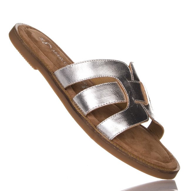 Skórzane srebrne klapki hermeski damskie Marco Tozzi 27108-44 silver